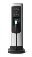 Electric vehicle charging station displaying current charge status on white background photo