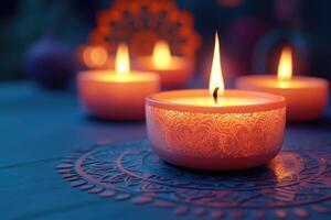 Burning candles resting on decorative mandala creating warm ambiance photo