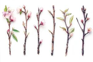 Blooming peach tree branches showing spring flowers and buds on white background photo