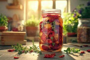 Sun-dried tomatoes preserved in oil with herbs and garlic in a jar photo