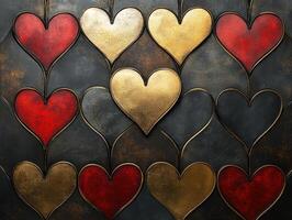 Red and gold hearts creating a decorative pattern on a dark background photo