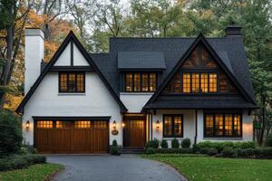 Beautiful tudor style house with glowing windows at twilight photo