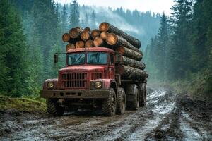 Logging truck carrying timber on muddy snowy forest road. photo