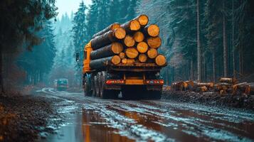 Logging truck carrying wood logs on muddy road in forest. photo