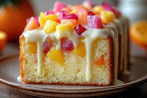 Delicious fruit cake drizzled with white chocolate and topped with fresh fruits. photo