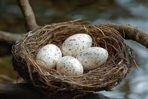 Four spotted eggs resting in bird nest overlooking water photo