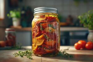 Sun-dried tomatoes preserved in oil with herbs and garlic photo