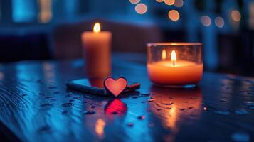 Romantic evening with burning candles, heart and smartphone on wet table photo