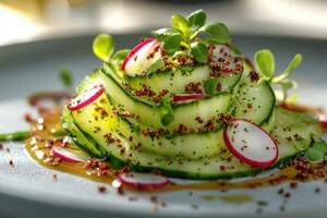 Cucumber carpaccio with radishes, amaranth seeds and herbs on elegant plate photo