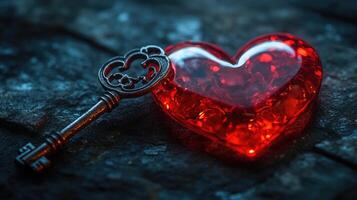 Antique key unlocking a glowing red heart on dark stone photo