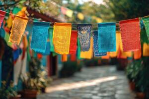 Colorful prayer flags hanging in a tranquil buddhist temple. photo