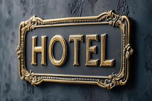 Elegant gold hotel sign on textured wall conveying luxury and style photo