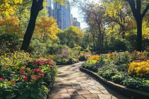 Stone paved path crosses colorful flowerbeds in central park conservatory garden in autumn photo