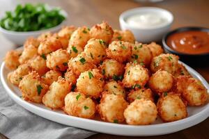 Crispy roasted potatoes sprinkled with fresh parsley and spices. photo