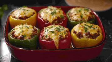 Delicious stuffed bell peppers, a healthy and flavorful meal, baking in the oven. photo