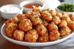 Breaded and fried cauliflower florets with fresh parsley and dipping sauce. photo