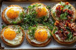 Chef preparing english muffin pizzas with fried eggs, bacon, and arugula photo