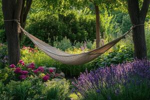 Relaxing hammock hanging between two trees in lush garden. photo