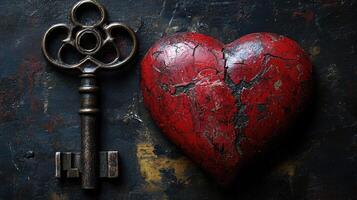 Antique key and broken red heart representing lost love on dark background photo