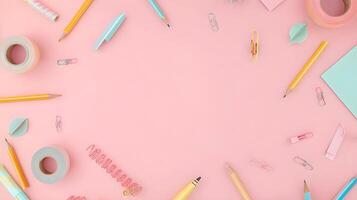 Colorful Creative Workspace with Stationery Items on Pink Background photo