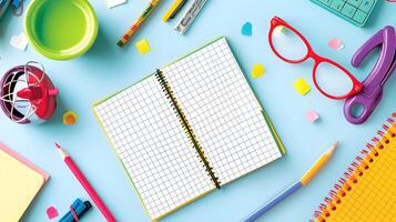 Colorful Stationery Setup with Blank Notebook and School Supplies photo