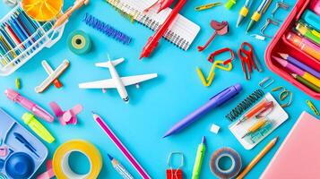 Colorful School Supplies and Stationery on Bright Blue Background photo