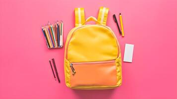 Bright Yellow Backpack with School Supplies on Pink Background photo