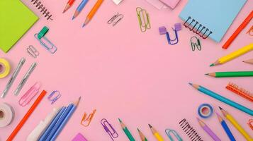 Colorful Office Supplies Arrangement on Pink Background Surface photo