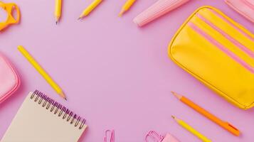 Colorful School Supplies and Stationery on Pink Background photo