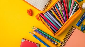 Colorful School Supplies and Art Materials on Bright Yellow Surface photo