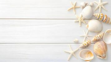 Assorted Seashells and Starfish on White Wooden Background photo