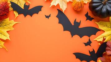 Halloween Decoration with Bats, Pumpkins, and Autumn Leaves photo