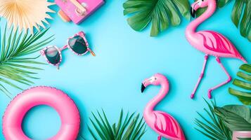 Vibrant Summer Flat Lay with Flamingos and Tropical Accessories photo