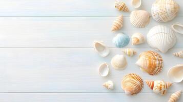 Collection of Colorful Seashells on Light Wooden Background photo