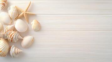 Assorted Sea Shells and Starfish on Light Wood Background photo