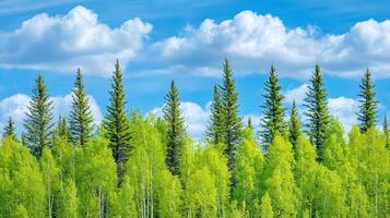 Lush Green Forest with Pine Trees Against a Bright Blue Sky photo