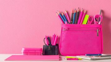 Bright Pink Stationery Organizer with Colorful Art Supplies photo