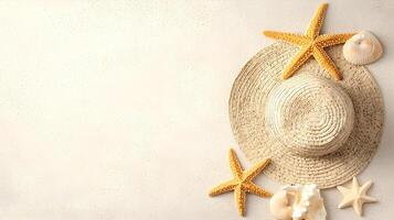 Summer Beach Essentials with Straw Hat and Sea Shells Decoration photo