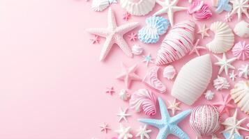 Colorful Sea Shells and Starfish on Soft Pink Background photo