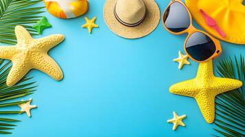 Vibrant Summer Accessories on Blue Background with Tropical Theme photo