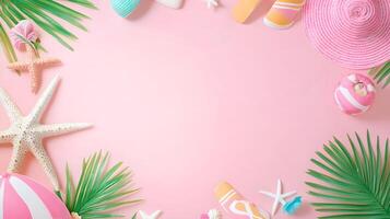 Colorful Summer Beach Flat Lay with Palm Leaves and Starfish photo