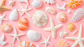 Colorful Seashells and Starfish on a Soft Pink Background photo