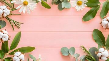 Floral Arrangement With Cotton Bolls And Greenery On Pink Background photo