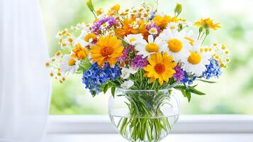 Bright and Colorful Floral Bouquet in Glass Vase on a Sunny Day photo