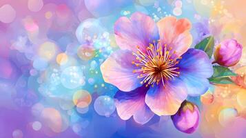 Colorful Blooming Flower with Soft Pastel Background and Bokeh Effect photo