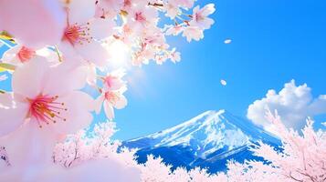 Cherry Blossom Trees with Mount Fuji Under Bright Blue Sky photo