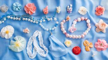 Colorful Display of Jewelry and Decorative Flowers on Blue Fabric photo