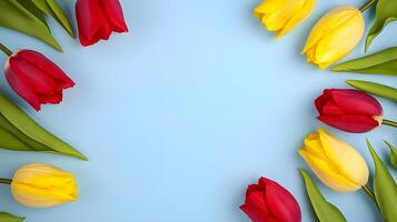 Vibrant Red and Yellow Tulips on Soft Blue Background photo