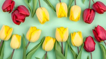 Vibrant Red and Yellow Tulips Arrangement on Green Background photo