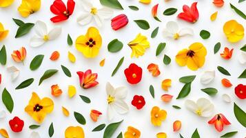 Colorful Floral Arrangement with Leaves on White Background photo